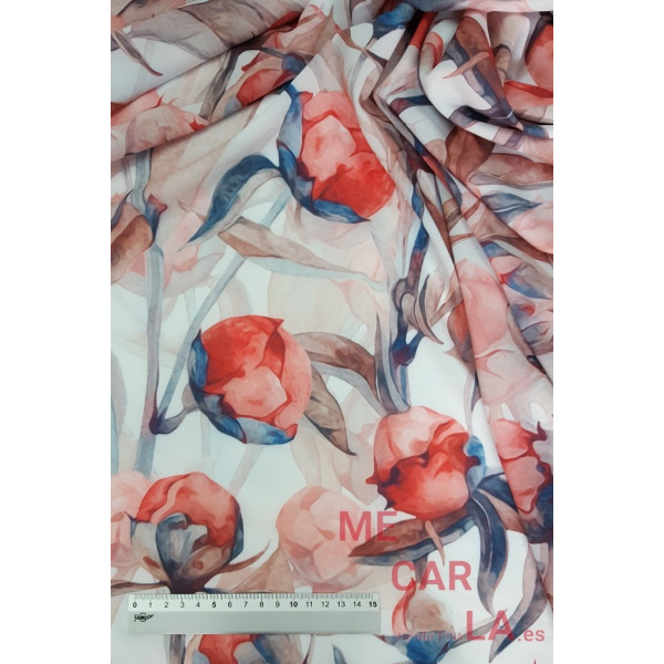 Tejido de microfibra elástica mate con estampado de tulipanes rojos