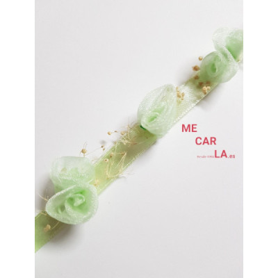 CINTA CON FLORES DE GASA Y PISTILOS COLOR VERDE AGUA