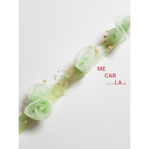 CINTA CON FLORES DE GASA Y PISTILOS COLOR VERDE AGUA